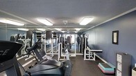 This fitness center is designed to accommodate a well-rounded exercise regimen within a single-floor layout. The room features dark navy-blue walls that lend a focused, energetic atmosphere, complemented by a textured ceiling with flush-mounted fluorescent lighting panels that ensure the space is brightly and evenly lit. A ceiling fan provides additional air circulation, contributing to comfort during workouts.

The flooring is finished in dark rubber, a practical choice that provides durability and traction underfoot. A large wall mirror spans one side of the room, visually expanding the space and allowing users to monitor their form during exercise. The mirror also reflects the full array of equipment, reinforcing the sense of a well-stocked facility.

The fitness center is furnished with a selection of white-framed strength training machines, including cable and weight stack units, as well as a dedicated bench press station. Cardio equipment is also present, with elliptical and cycling machines positioned toward the front of the space. Colorful step platforms add versatility for aerobic and functional training exercises, rounding out the comprehensive equipment offerings available in this facility.
