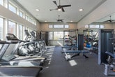 Located in Cumming, GA, this fitness center is designed to support a comprehensive workout experience within a single-floor layout. The space is notable for its soaring ceilings and generous wall-to-wall windows, including a row of clerestory windows positioned near the roofline that flood the interior with abundant natural light throughout the day. Ceiling fans are strategically placed overhead to maintain comfortable airflow during workouts.

The cardio zone features a row of elliptical trainers and upright exercise bikes, all positioned to take advantage of the exterior views. The strength training area is extensively equipped, including a cable and functional trainer system, a full dumbbell rack, weight benches, and resistance machines for targeted muscle work. A dedicated functional fitness zone includes stability and medicine balls in multiple sizes, suspension training equipment, and additional free-weight stations.

Large wall-mounted mirrors run along one side of the room, enhancing the sense of openness and allowing users to monitor their form. The flooring throughout consists of durable speckled rubber, well-suited to heavy equipment and high-traffic use. The overall ambiance is bright, clean, and professional, offering a well-rounded environment for both cardio and strength training.