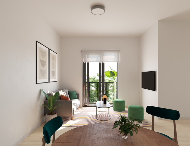 Render of shared living and dining room - Saffron Apartments