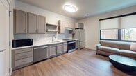 This 460-square-foot single-floor studio at 103 StudeIo is thoughtfully designed to maximize functionality within a compact footprint. The open-concept layout seamlessly integrates the kitchen and living area, creating an efficient and comfortable living space.

The kitchen is a standout feature, outfitted with gray shaker-style cabinetry, a white subway tile backsplash, and white quartz countertops. Stainless steel appliances include a full-size refrigerator, range, dishwasher, and microwave. Rustic wood open shelving adds warmth and additional storage, complementing the modern aesthetic throughout.

The living area benefits from natural light through a window and features warm-toned luxury vinyl plank flooring that flows continuously through the unit. A flush-mount ceiling light provides even overhead illumination.

The bathroom is designed with accessibility in mind, featuring multiple stainless steel grab bars near the toilet and along the walls, a gray vanity with white countertop, a round mirror, and a walk-in shower. The layout reflects a commitment to safety and ease of use.

A dedicated in-unit laundry closet houses a full-size Whirlpool front-loading washer and dryer with overhead wire shelving, offering added convenience. The neutral color palette and consistent finishes throughout the studio create a clean, cohesive, and modern ambiance.
