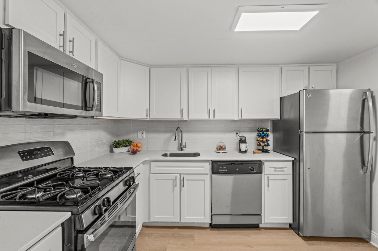 cocina con armarios blancos y electrodomésticos de acero inoxidable - Chestnut Hill Village Apartments