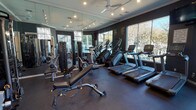 This single-floor fitness center offers a comprehensive workout environment designed to accommodate a wide range of exercise needs. The space is finished with dark, charcoal-toned walls that create a focused, gym-like atmosphere, complemented by crown molding and track lighting overhead. Ceiling fans are positioned throughout to promote air circulation during workouts.

The cardio zone features multiple treadmills and elliptical machines from Matrix, lined along a wall of expansive floor-to-ceiling windows that flood the space with natural light and offer direct views of an outdoor pool area and surrounding landscaping. A wall-mounted television is positioned for viewing during cardio sessions.

The strength training area is comprehensively stocked with cable machines, weight benches, a full dumbbell rack, and various resistance machines. Full-length mirrors cover multiple walls, visually expanding the space while allowing users to monitor their form throughout their workouts. An additional area near the entrance houses cycling bikes and supplementary equipment.

The flooring throughout consists of durable rubber gym matting, ideal for both heavy equipment and floor exercises. Access to the fitness center is provided through a glass-paned door, with a corridor connecting to adjacent amenity spaces. The facility is clean, organized, and thoughtfully laid out to maximize functionality and flow.