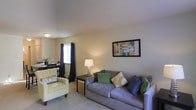 This single-floor space offers a thoughtfully arranged living area that balances comfort and functionality. The living room serves as the heart of the space, centered around a plush gray sofa adorned with an array of decorative pillows in rich green, navy, and yellow tones, complemented by a matching accent chair in a soft cream finish. A sleek rectangular coffee table anchors the seating arrangement, adding a touch of contemporary style. Warm, neutral-toned walls create a calm and inviting atmosphere, while soft carpeted flooring underfoot adds to the overall comfort. Natural light filters through a window dressed with dark curtain panels, providing a refined contrast to the lighter walls. A table lamp with a classic white shade casts a warm ambient glow, enhancing the cozy feel of the room. A framed piece of colorful abstract wall art adds a vibrant focal point, injecting personality into the understated palette. A dining or workspace area is partially visible in the background, suggesting a versatile and efficiently utilized floor plan. Overall, this space presents a clean, livable environment with a cohesive and welcoming aesthetic.