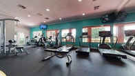 Located at 5800 Auvers Blvd in Orlando, Florida, this single-floor fitness center is a well-equipped facility designed to support a comprehensive workout routine. The space is defined by its bold teal accent walls, crown molding, and recessed lighting, creating an energetic yet functional atmosphere. Large framed windows line the walls, flooding the interior with natural light and offering views of the surrounding outdoor greenery.

The cardio section is generously outfitted with multiple treadmills and elliptical trainers positioned along the windowed walls, allowing users to exercise while enjoying the outdoor scenery. Wall-mounted flat-screen televisions are positioned throughout for entertainment during workouts. A full-length mirrored wall extends the visual space and aids users in monitoring their form.

The strength training area includes a rack of dumbbells in graduated weights, stability and medicine balls neatly stored on dedicated racks, and a cable/weight machine for targeted resistance training. Adjustable workout benches are available throughout the floor for versatile use. The durable rubber flooring provides both safety and comfort underfoot. French doors on one side of the room open to the outdoor area, enhancing ventilation and accessibility. Overall, the facility is clean, organized, and thoughtfully arranged to accommodate a variety of fitness needs.