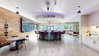 Located at 340 S Market Street in downtown Wilmington, Delaware, the Luxor amenity space is a single-floor community hub designed with a bold, contemporary aesthetic. Polished concrete floors run throughout, lending an industrial-chic foundation to the vibrant interiors.

At the heart of the space is the Luxor bar — a striking circular counter with purple ambient lighting beneath a tiered ceiling medallion, surrounded by plush jewel-toned barstools. The "Love. Life. Here." motto is etched into the floor, reinforcing the community-focused atmosphere.

A dedicated lounge area features generous sectional seating, a sleek linear fireplace set into a stone-clad wall, a large wall-mounted TV, and an eye-catching sculptural chandelier. Expansive windows flood the area with natural light and provide views of the surrounding cityscape.

The game room offers a full-size billiards table, shuffleboard, a wall-length bar-height counter with seating, and a hand-lettered mural reading "don't quit your day dream," adding a spirited, artistic touch.

Additional zones include an "Imbibe" dining nook framed by a richly textured reclaimed wood accent wall and a multi-screen TV display, a kitchenette for resident use, and intimate seating vignettes adorned with original artwork and live-edge wood mirrors. Decorative laser-cut screens provide elegant spatial separation throughout.