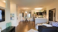 This single-floor residence showcases an open-concept design that integrates the living, dining, and kitchen areas into one cohesive, flowing space. Rich, dark hardwood flooring extends throughout, providing a warm contrast to the bright white walls and ceilings that enhance the sense of openness and light.

The living area features a plush area rug and a sleek, dark sofa, anchoring the space with a modern yet comfortable aesthetic. A glass-top coffee table adds a refined touch. Adjacent to the living area, the dining space is furnished with a round glass-top table and elegant upholstered chairs, complemented by a large decorative mirror arrangement that amplifies natural light from the nearby window.

The kitchen is outfitted with dark cabinetry, stainless steel appliances, and a light-toned breakfast bar that serves as both a workspace and casual dining spot. Stylish pendant lighting in varied designs illuminates the kitchen and dining areas, adding a designer flair. Decorative accents in teal and green tones are scattered throughout, introducing pops of color that tie the open layout together cohesively.