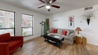 Located at 3432 Frankford Ave in Lubbock, TX, this 2-bedroom, 1-bathroom residence offers a practical and well-organized single-floor layout. The inviting living room features wood-look plank flooring, a ceiling fan, and a large window that brings in natural light, creating a bright and comfortable gathering space. Adjacent to the living area, the kitchen is equipped with warm honey-toned wood cabinetry, light countertops, a built-in dishwasher, and a white electric range, complemented by tile flooring and ample storage throughout. The primary bedroom is a comfortable retreat with plush carpeting, a ceiling fan, and a window overlooking the outdoors. The second bedroom also features carpet flooring and a window, providing a quiet and functional space. A dedicated walk-in closet with built-in shelving offers practical storage solutions. The bathroom includes a full tub-shower combination with white tile surround. Throughout the home, textured ceilings and clean white walls contribute to a consistent, tidy aesthetic. This residence is an efficient and thoughtfully arranged home suited for comfortable everyday living in west Lubbock.