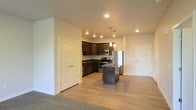 This single-floor space showcases a thoughtfully designed open-concept layout that connects the kitchen and living areas into one cohesive environment. The kitchen is a standout feature, equipped with dark espresso cabinetry that contrasts cleanly against light-toned countertops. A central island with a dark finish provides additional workspace and serves as a natural focal point. Stainless steel appliances, including a refrigerator, range, and microwave, lend a modern, polished aesthetic. Pendant lighting hangs above the island, complementing the recessed ceiling lights that illuminate the space evenly throughout.

Light hardwood-style flooring runs through the kitchen and main living area, transitioning to carpet toward the living space, adding warmth and texture underfoot. The neutral white walls and clean lines contribute to a bright, airy atmosphere. A set of double doors along one wall likely conceals a closet, offering practical storage. A secondary door on the opposite side provides additional access. The overall design balances functionality with a contemporary aesthetic, making the space feel open, well-appointed, and move-in ready.