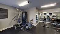 Located at 2 Johnny Mercer Blvd in Savannah, Georgia, this fitness center offers a comprehensive workout facility contained within a single floor. The space is designed to accommodate a wide range of exercise needs, from cardiovascular training to strength conditioning. The main cardio area features an extensive lineup of treadmills, elliptical trainers, stair climbers, and stationary bikes — including both upright and recumbent models — providing ample options for aerobic exercise. Each machine is equipped with individual display consoles, and a wall-mounted flat-screen television adds to the workout experience. The strength training section is outfitted with a multi-station cable machine, a weight bench, and a dedicated dumbbell rack, offering versatile resistance training options. Large floor-to-ceiling mirrors span multiple walls throughout the facility, visually expanding the space and allowing users to monitor their form during exercise. The dark rubber flooring provides durability and comfort underfoot, while recessed and flush-mounted overhead lighting ensures the entire area is well illuminated. Natural light filters in through multiple windows fitted with blinds, contributing to an open and airy atmosphere. The neutral-toned walls and clean layout create a functional, organized environment well-suited for regular fitness use.
