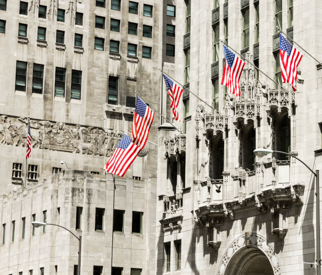 American flags outside Tribune Tower