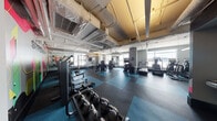 This modern fitness center is designed to accommodate a comprehensive workout experience within a single, open-plan floor. The space is anchored by a striking "STRENGTH" mural that spans an entire wall, featuring bold geometric shapes in vivid colors — a dynamic visual centerpiece that energizes the environment. Durable rubber flooring in a dark charcoal and teal tile pattern defines different workout zones throughout the space.

The cardio section is lined with a row of treadmills and other cardio machines positioned beneath large windows that frame sweeping city views, flooding the area with natural light. Overhead, large ceiling fans circulate air throughout the facility, complementing the exposed ductwork and industrial-style ceiling that add an urban aesthetic to the space.

The strength training zone is well-stocked with a variety of Technogym resistance machines, adjustable benches, a full rack of dumbbells, and an assortment of medicine balls stored on dedicated racks. Full-length mirrors along multiple walls enhance the sense of space and allow for proper form checks during workouts.

Additional amenities include a mounted flat-screen TV, cycling bikes, and accessible water station. The overall ambiance is energetic yet functional, making this fitness center a well-rounded facility suited for a wide range of training goals.