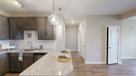 Located at 2388 NW Villa Dr in Cleveland, TN, this well-appointed one-bedroom, one-bathroom unit offers a thoughtfully designed single-floor layout with modern finishes throughout. The open-concept kitchen and living area serves as the heart of the home, showcasing granite countertops, dark espresso cabinetry, and a full suite of stainless steel appliances including a refrigerator, range, microwave, and dishwasher. Stylish seeded-glass pendant lights hang above the kitchen peninsula, adding a contemporary touch. Durable hardwood-style flooring flows through the kitchen and living areas, while a glass-paneled door and large windows flood the living room with natural light and outdoor views. A ceiling fan adds comfort to the space. The bedroom is a comfortable retreat featuring plush carpet, multiple windows that invite ample natural light, and access to a generously sized walk-in closet outfitted with wire shelving along multiple walls. The bathroom features a granite-topped vanity with dark cabinetry, a large mirror, modern light bar, and tile flooring, completing the polished aesthetic found throughout this well-designed residence.