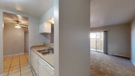 Located at 5205 Fairbanks Dr in El Paso, Texas, this single-floor, one-bedroom, one-bathroom unit offers a practical and efficiently organized layout. The kitchen is equipped with white cabinetry featuring gold-tone hardware, laminate countertops, a double-basin sink, and a coil-top electric range with an overhead exhaust hood. Tile flooring runs through the kitchen area, providing easy maintenance. Adjacent to the kitchen, the combined living room opens to a sliding glass door that brings in natural light and provides outdoor access. The living room is finished with neutral carpet, creating a warm and comfortable atmosphere. A separate dining area features tile flooring and a ceiling fan with a light fixture, adding functionality and airflow. The bedroom is a well-proportioned space carpeted in the same neutral tone, with a window that allows natural light. The full bathroom includes a tiled tub-shower combination with a standard toilet. A dedicated closet and hallway complete the interior layout. Throughout the unit, textured ceilings and neutral-toned walls provide a clean, understated aesthetic. The overall design is straightforward and functional, well-suited for single occupancy or couples seeking a manageable, low-maintenance living space in El Paso.