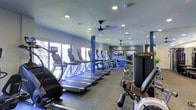 This contemporary fitness center offers a well-organized and fully equipped workout environment designed to support a comprehensive exercise routine. The space is laid out across a single floor, featuring an expansive cardio zone lined with a row of treadmills and elliptical machines, all positioned to take advantage of the large windows that flood the area with natural light. The light-colored ceiling is dotted with recessed lighting and ceiling fans, ensuring the space remains bright and well-ventilated during workouts. Structural columns accented in bold blue add a modern aesthetic touch, complementing the cool grey and blue color palette carried throughout the interior. Multiple wall-mounted flat-screen TVs are strategically placed throughout the room, allowing members to stay entertained during their sessions. The right side of the space houses a variety of strength and resistance training equipment, providing a well-rounded selection for users of all fitness levels. The durable flooring is suited for high-traffic fitness use, and the overall layout promotes easy circulation between equipment. The gym's design balances functionality with a clean, modern aesthetic, creating an inviting and motivating environment for daily exercise.