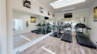 This fitness center offers a bright, open environment designed to support a well-rounded workout routine. The space features soaring ceilings with skylights that flood the room with natural light, complemented by large windows along the walls that frame views of a landscaped courtyard and pool area beyond. The light wood-style flooring adds a clean, modern aesthetic throughout.

The cardio zone is well-appointed with multiple treadmills and elliptical machines, all positioned to face wall-mounted flat-screen televisions for entertainment during workouts. Full-length mirrors run along one wall, visually expanding the space and allowing users to monitor their form. A rowing machine is stationed near the windows, taking full advantage of the natural light and outdoor views.

For strength and functional training, the fitness center includes a wall-mounted medicine ball rack with a variety of weighted balls, a set of free weights, and open mat areas that provide room for stretching or floor exercises. An air bike rounds out the cardio equipment options. Framed artwork adorns the upper walls, adding a polished, welcoming touch to the overall design. A glass-panel door provides direct access to the outdoor pool and courtyard area, making this fitness center a seamlessly connected amenity within the broader community.