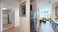 Located at 150 Forest Ave in Oak Park, IL, this one-bedroom, one-bathroom residence offers a modern and efficient layout across a single floor. The living room is a bright, inviting space anchored by expansive floor-to-ceiling windows that frame urban views and flood the room with natural light, creating an open, airy atmosphere. Hardwood-style flooring runs throughout the main living areas, complementing the clean, contemporary aesthetic.

The kitchen is well-equipped with rich dark wood cabinetry, stainless steel appliances, a subway tile backsplash, quartz countertops, and a peninsula with bar seating — ideal for casual dining and entertaining. Track lighting and pendant fixtures add warmth to the space.

The bedroom is a comfortable retreat featuring large windows with urban views, soft carpeting, a spacious sliding-door closet, and crisp white walls that create a calm, restful environment.

The bathroom is finished with light tile flooring, dark wood vanity cabinetry, a white quartz countertop, and a full tub-shower combination. A dedicated laundry area with a stacked washer and dryer unit and additional storage shelving adds everyday convenience.

Overall, the residence offers a polished, modern living experience in a vibrant Oak Park location.
