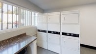This shared laundry room is a practical, well-organized facility designed to accommodate multiple users efficiently. The space is finished with neutral gray walls and durable speckled flooring, creating a clean and functional environment. Overhead fluorescent lighting ensures the room is consistently well-lit, supplemented by natural light from multiple windows that offer views of the surrounding outdoor area.

The room houses a substantial number of commercial-grade front-loading washing machines and stacked dryer units, providing ample capacity for shared use. The machines are arranged along the walls, maximizing the usable floor space at the center of the room. A centrally positioned partition counter with a light-colored surface offers a convenient folding and sorting area, while an additional dark granite-topped counter runs along one wall, providing further workspace.

A bulletin board is mounted near the entry door, serving as an information point for users. The room is accessible via a windowed door that contributes additional natural light and connects to the exterior. A waste bin is also present, adding to the overall utility of the space. The layout is straightforward and efficient, prioritizing functionality throughout.