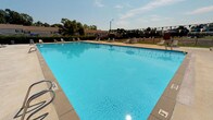 The Main Pool is a well-appointed outdoor aquatic facility centered around a large, rectangular swimming pool filled with clear, inviting blue water. The pool features clearly marked depth indicators and is accessible via metal handrails, making entry safe and convenient for swimmers of all ages. Surrounding the pool is a generous paved deck area furnished with lounge chairs and shaded umbrella seating, providing ample space for relaxation under open skies. Colorful pennant banners are strung across the area, adding a festive atmosphere to the setting. Mature trees and landscaping line the perimeter, offering a natural backdrop and additional shade. An enclosed support building adjoins the pool area and includes a covered entrance corridor fitted with large windows that overlook the pool. This corridor houses a beverage vending machine and provides a transitional space between the building interior and the poolside. The building itself is constructed of classic brick and features posted pool rules, safety signage, and emergency information prominently displayed at the entry door. Notable amenities include free Wi-Fi available in the pool area. The facility operates without a lifeguard on duty, and pool rules are clearly communicated throughout. The overall ambiance is casual, community-oriented, and well-suited for recreational swimming and outdoor leisure.
