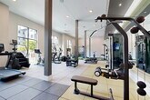 Located in Allen, Texas, this expansive fitness center offers a comprehensive, well-appointed workout facility designed to accommodate a wide range of exercise disciplines. The open, single-floor layout is anchored by soaring ceilings supported by evenly spaced structural columns, lending the space a clean, modern architectural character. Large floor-to-ceiling windows line the perimeter walls, flooding the interior with natural light and providing views of the surrounding outdoor areas.

The flooring transitions strategically throughout the space — large-format ceramic tiles define the central corridors and cardio zones, rubber flooring cushions the free-weight and machine areas, and a vibrant green turf section at the rear creates a dedicated functional training zone. This turf area is equipped with a power rack, cable machines, and benches ideal for strength and conditioning workouts.

The cardio zone features a strong lineup of treadmills, ellipticals, stair climbers, and stationary bikes, complemented by wall-mounted flat-screen TVs. Ceiling fans provide additional airflow throughout the space. Along one wall, floor-to-ceiling mirrors amplify the sense of openness while a full cable and weight machine section provides strength training options. A glass-door entry leads to an adjacent community area, and recessed lighting ensures bright, even illumination throughout the facility.