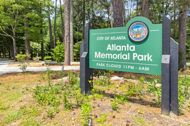 Entrance sign to Atlanta Memorial Park in the Memorial Park Neighborhood.
