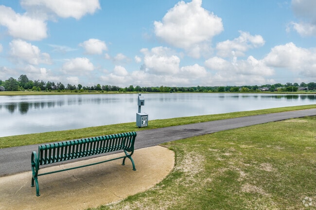 The walking trail at Halle Park in Collierville is a 0.8 mile trail around a scenic lake.