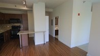 This single-floor space is designed with a clean, modern aesthetic that emphasizes an open and functional layout. The flooring throughout is a rich, warm-toned hardwood with a distinctive grain pattern, lending a natural and inviting quality to the interior. The walls are finished in a crisp, neutral white, creating a bright and airy atmosphere that complements the darker wood tones.

The kitchen area is positioned to one side and features dark cabinetry with ample storage, a light-toned granite or stone countertop, and a raised breakfast bar with sleek metal supports — a practical and stylish detail that defines the kitchen zone. Track lighting is installed overhead, providing directed illumination across the cooking and prep area.

A prominent architectural column anchors the center of the space, subtly dividing the kitchen from the open living area while adding structural character. A utility panel is recessed into the wall nearby, neatly integrated into the design.

Visible through a doorway is a bathroom, which includes a vessel sink, dark vanity cabinetry, and a framed mirror, maintaining the same cohesive, contemporary style found throughout the rest of the unit.