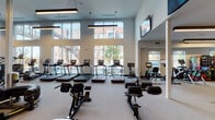 This expansive fitness center is designed to accommodate a comprehensive range of workout routines within a single, open-plan layout. The space is defined by soaring ceilings and large floor-to-ceiling windows along one wall, flooding the interior with natural light and offering views of the surrounding streetscape. Linear pendant lighting supplements the natural light throughout.

The cardio zone features a row of treadmills equipped with individual screens, positioned directly in front of the oversized windows. Adjacent to this area, upright bikes and elliptical trainers are arranged in a dedicated section, with snack and drink vending machines conveniently nearby.

The strength training zone is anchored by bold neon "LIFT" and "SWEAT" signage mounted against a deep navy accent wall, creating a motivating atmosphere. This area is outfitted with a cable machine system, leg press, weight benches, free weights, and a multi-functional rack. Large mirrors line the walls, enhancing the sense of space.

A dedicated functional training area features wood-look flooring, stability balls, BOSU trainers, and built-in wooden cubby storage for equipment. The overall design blends industrial and modern aesthetics, with speckled flooring, white structural columns, and a tiled mosaic accent wall near the entrance adding visual interest.