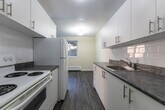 Located at 53 McMurchy Ave N in Brampton, Ontario, this 2-bedroom, 1-bathroom unit offers a practical and well-appointed layout across a single floor. The open-concept living and dining area is bright and welcoming, featuring grey laminate flooring, warm neutral walls, and large sliding doors that invite natural light and provide outdoor views of surrounding greenery. Baseboard heating is present throughout, ensuring year-round comfort.

The galley-style kitchen is efficiently designed with crisp white cabinetry, grey stone-finish countertops, a stainless steel sink, and white appliances including a stove and refrigerator. Upper and lower cabinets provide ample storage, and the layout flows conveniently toward the unit's entrance.

Both bedrooms are comfortably sized, finished with the same laminate flooring and soft neutral tones. The primary bedroom benefits from a window overlooking mature trees, creating a calm, natural outlook. The second bedroom is equally well-lit and offers a clean, move-in ready finish.

The full bathroom features white tile flooring, a full-size soaker tub with warm-toned tile surround, a vanity, and a toilet — all in a clean, functional arrangement. Overall, the unit presents a fresh, updated interior suitable for comfortable everyday living.