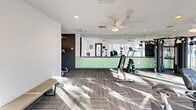 Located at 900 Frances Way in Richardson, TX, this single-room fitness center offers a well-equipped exercise space designed for functional, everyday workouts. The room is thoughtfully laid out across a single floor, making efficient use of its footprint to accommodate a variety of fitness equipment.

The cardio zone features a treadmill, elliptical trainer, upright stationary bike, and a recumbent bike, all positioned near large windows that invite generous natural light and provide outdoor views of the surrounding grounds. Ceiling fans overhead help maintain comfortable airflow throughout the space. The flooring throughout consists of durable, patterned carpet tile that adds texture and visual interest underfoot.

A dedicated strength training area is set apart by darker charcoal-toned accent walls, creating a visually distinct zone. This area includes a multi-function fitness tower for bodyweight and resistance exercises, a weight bench with a dumbbell rack, and a simple wooden bench for rest or transitions between exercises. A full-length mirror along one wall reflects light and gives the space an open, expansive feel.

Recessed lighting supplements the natural light, ensuring the room is well-lit at all times. A glass-paneled entry door and a fire safety station near the entrance round out the practical amenities of this clean, accessible exercise facility.