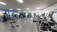 This single-floor fitness center offers a spacious, thoughtfully organized workout environment designed to accommodate a wide variety of exercise routines. The facility features durable rubber flooring throughout, providing both safety and comfort during training sessions. A drop ceiling with recessed panel lighting ensures consistent, even illumination across the entire space, while windows along the perimeter walls allow natural light to complement the interior lighting.

The cardio zone is well-stocked with multiple treadmills, elliptical trainers, and stationary bikes, all arranged in an orderly row to maximize floor space and usability. The strength-training area includes a selection of cable machines, multi-function weight stations, and adjustable benches suited for a range of exercises. A dedicated free weights section houses a full rack of dumbbells alongside stability balls and additional accessories.

Large wall mirrors are strategically positioned to aid in monitoring form, while bold blue accent columns add a strong visual identity to the space. A standout feature is the large motivational typography mural spanning one wall, displaying fitness-focused goals that contribute to an energizing and encouraging atmosphere. The overall design is clean, functional, and purposefully arranged to support users of all fitness levels.