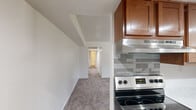 This single-floor, 2-bedroom, 1-bathroom residence offers a practical and comfortable layout designed for everyday living. The kitchen is a standout feature, boasting rich warm-toned wood cabinetry, marble-look countertops, a stainless steel sink, and a full suite of stainless steel appliances including a range, dishwasher, and refrigerator. Light wood-style flooring runs through the kitchen and flows seamlessly into the adjacent dining area, which is brightened by a sliding glass door with vertical blinds offering outdoor views and an elegant multi-light chandelier overhead. The combined kitchen and dining space creates an open, connected feel ideal for daily routines and entertaining. A hallway connects the main living areas to the private quarters, where two carpeted bedrooms provide a soft, quiet retreat. The primary bedroom is generously sized, featuring a closet and a window that allows natural light to fill the room. The second bedroom also features a window with outdoor views and plush carpeting. The full bathroom includes a tub-shower combination with built-in niched shelving and clean white surroundings. Throughout the residence, neutral wall tones and consistent finishes create a cohesive and move-in-ready atmosphere.