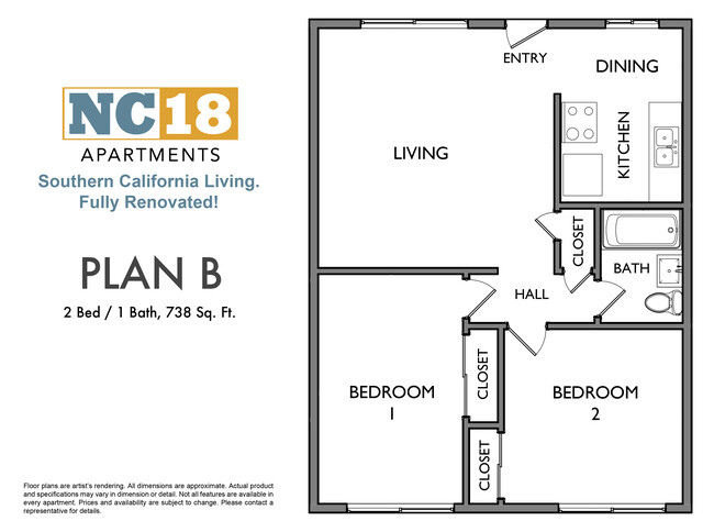 Plan B, 2 habitaciones / 1 baño, 738 pies cuadrados. - NC18 Apartments