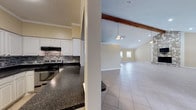 Located at 130 Camino de Oro in San Antonio, TX, this single-floor property offers a thoughtfully designed layout ideal for gatherings and events. The expansive main hall is the centerpiece of the space, boasting soaring vaulted ceilings accented by a striking exposed wood beam that runs the length of the room. Elegant pendant lighting complements the warm, neutral-toned walls and large-format tile flooring that flows seamlessly throughout. A floor-to-ceiling stone fireplace anchors one end of the hall, adding a rustic yet refined focal point, while a mounted television above makes the space equally functional. Multiple windows along the perimeter fill the room with abundant natural light, and French-style glass doors provide easy access to the exterior. The kitchen is well-appointed with white cabinetry, dark granite-style countertops, a mosaic tile backsplash, stainless steel appliances including a range and dishwasher, and a double-basin sink. Crown molding details throughout add a polished finishing touch. The overall ambiance is bright, open, and welcoming, making this a versatile space well-suited for a variety of uses.