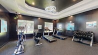 Located at 1665 Wesleyan Dr in Macon, Georgia, this fitness center offers a well-appointed, single-level exercise space designed with both aesthetics and functionality in mind. The room is defined by its striking tray ceiling, finished in dark tones and accented by a bold circular chandelier and recessed lighting that create a sleek, energizing ambiance throughout. Deep, dark walls lend the space a modern, high-contrast look, while multiple large windows along the perimeter flood the room with natural light and provide views of the surrounding greenery. The flooring consists of durable rubber-composite material suited for high-impact activity. Cardio equipment includes multiple treadmills and elliptical machines, while the strength-training area features a dumbbell rack, an adjustable weight bench, and additional resistance equipment. A large wall-mounted mirror enhances the sense of space and supports proper form during workouts. Motivational fitness artwork is displayed on the walls, contributing to the overall energetic atmosphere. A glass-paned door provides direct access to an outdoor area, adding convenience and ventilation. The space is thoughtfully laid out to accommodate a variety of workout routines in a comfortable, well-lit environment.