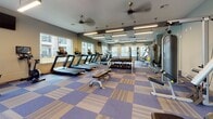 This fitness center is designed to support a comprehensive workout experience within a single, open floor layout. The space is finished with a distinctive blue and tan checkered carpet tile flooring that adds a clean, modern aesthetic throughout. Large windows line multiple walls, flooding the interior with natural light and offering views of the surrounding building exterior, while ceiling fans overhead ensure comfortable air circulation during workouts.

The cardio zone features a row of treadmills, elliptical trainers, and a stationary recumbent bike, all positioned to take advantage of the natural light from the windows. A wall-mounted television is conveniently located nearby for entertainment during cardio sessions. The strength training area is well-appointed with a rack of dumbbells, a weight bench, and multiple cable and multi-press machines, providing options for both isolation and compound exercises. Mirror panels along the walls enhance the sense of space and allow users to monitor their form.

A dedicated functional training corner houses an assortment of stability and medicine balls neatly stored on a rack, supporting flexibility and core conditioning workouts. Pendant and linear fluorescent lighting supplements the natural light, ensuring the space remains well-lit at all hours. The overall ambiance is clean, functional, and inviting, making this fitness center a well-rounded facility for a full-body training routine.