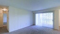 This single-floor space features a straightforward, open layout designed for comfortable everyday living. The main living area is finished with neutral-toned wall-to-wall carpeting, providing a soft underfoot feel that adds warmth to the room. The walls are painted in a clean, light neutral tone, contributing to a bright and airy atmosphere throughout.

A prominent sliding glass door serves as a key architectural feature, fitted with full-length vertical blinds that allow for flexible light control. The door opens to an outdoor balcony, visible through the glass, where surrounding greenery can be seen — a pleasant natural backdrop that enhances the sense of openness. Natural light filters generously into the space through this large glazed opening, reducing reliance on artificial lighting during daytime hours.

The ceiling is smooth and standard height, maintaining a clean, uncluttered aesthetic. The room's open, unfurnished layout allows for flexible furniture arrangement to suit a variety of needs. Overall, the space presents a clean, functional environment with practical features and a calm, neutral ambiance.