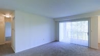 This single-floor space features a straightforward, open layout designed for comfortable everyday living. The main living area is finished with neutral-toned wall-to-wall carpeting, providing a soft underfoot feel that adds warmth to the room. The walls are painted in a clean, light neutral tone, contributing to a bright and airy atmosphere throughout.

A prominent sliding glass door serves as a key architectural feature, fitted with full-length vertical blinds that allow for flexible light control. The door opens to an outdoor balcony, visible through the glass, where surrounding greenery can be seen — a pleasant natural backdrop that enhances the sense of openness. Natural light filters generously into the space through this large glazed opening, reducing reliance on artificial lighting during daytime hours.

The ceiling is smooth and standard height, maintaining a clean, uncluttered aesthetic. The room's open, unfurnished layout allows for flexible furniture arrangement to suit a variety of needs. Overall, the space presents a clean, functional environment with practical features and a calm, neutral ambiance.