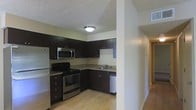 This single-floor unit features a well-appointed kitchen designed for both functionality and style. The kitchen is outfitted with rich, dark espresso-toned cabinetry that extends to the upper and lower sections of the space, providing ample storage. Granite-look countertops complement the cabinetry and offer generous prep space. Stainless steel appliances include a refrigerator, electric range with oven, built-in microwave, and dishwasher, giving the kitchen a modern, cohesive look. A double-basin sink is positioned along the far wall beneath upper cabinets, enhancing workflow efficiency. Light hardwood-style flooring runs throughout the kitchen and into the adjacent hallway, contributing to a warm, cohesive aesthetic. A textured ceiling with flush-mounted lighting provides consistent illumination across the space. The layout features an open transition into a well-lit hallway, suggesting additional rooms beyond, and the light-toned walls throughout create a clean, neutral backdrop. The overall ambiance is practical and contemporary, suited to everyday living.