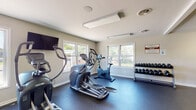 This fitness center is thoughtfully designed to accommodate a full range of workout routines across a single, open floor layout. The space is divided into distinct functional zones, each outfitted with professional-grade True-brand equipment. The main cardio area features a row of treadmills, elliptical trainers, and a stationary cycling bike, all positioned near large windows that flood the room with natural light and offer views of the surrounding greenery outdoors. A wall-mounted flat-screen television provides entertainment during workouts. Adjacent to the cardio zone, a well-stocked dumbbell rack holds an organized selection of free weights, catering to a variety of strength training needs. A dedicated strength training alcove is set apart by bold green accent walls, creating a visually distinct and energizing atmosphere. This area is equipped with a dual cable machine and multiple flat workout benches, providing a versatile setup for functional and resistance training. The flooring throughout is durable rubber gym matting, providing safety and comfort underfoot. Overhead, bright fluorescent lighting ensures excellent visibility across all areas. The overall ambiance is clean, practical, and well-maintained, making this fitness center a comprehensive facility for cardio, strength, and functional training alike.