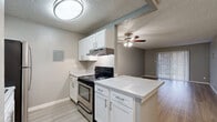 This single-story unit offers a practical and well-organized layout across three bedrooms and two bathrooms. The living room serves as the central gathering space, featuring light wood-style flooring, a ceiling fan with light fixture, a textured ceiling, and a sliding glass door fitted with vertical blinds that allows natural light to fill the room. The open-concept kitchen connects directly to the living area via a peninsula with a light-toned countertop, providing additional prep and dining space. White shaker-style cabinetry, a stainless steel electric range, and a ventilation hood complete the kitchen's functional design. A hallway connects the living areas to the private quarters. The three bedrooms are finished with neutral-toned carpet and feature windows with horizontal blinds. The primary bedroom is notably spacious, offering generous room dimensions. Both bathrooms include a full tub-shower combination with white tile surround. One bathroom features a white vanity with an undermount sink, light countertop, and wood-style flooring, while the second bathroom maintains a similarly clean, neutral aesthetic throughout.