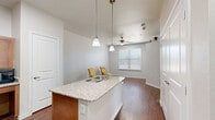 This efficient single-floor unit offers a thoughtfully arranged layout that maximizes every square foot. The open-concept kitchen serves as the heart of the space, anchored by a granite-topped island with a double sink and pendant lighting overhead. Warm wood cabinetry lines the kitchen walls, complemented by black appliances including a refrigerator and gas range. A built-in desk area adds practical versatility. Hardwood-style flooring runs throughout the main living areas, adding warmth and visual continuity, while a ceiling fan with a window providing natural light defines the living area just beyond the kitchen.

The bathroom is well-appointed with a wood-toned vanity, granite countertop, dual mirrors, and hardwood-style flooring, with a tub-shower combination enclosed by a decorative curtain. Natural light filters in through a window, creating a bright and airy feel.

The walk-in closet is generously equipped with multi-level wire shelving and hanging rods along two walls, offering organized and flexible storage solutions. Plush carpeting underfoot adds comfort to this dedicated storage space.

Overall, the unit presents a clean, neutral palette with white walls and consistent finishes throughout, creating a cohesive and inviting atmosphere suited for efficient everyday living.