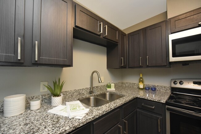 Kitchen with granite counters, stainless appliances, and modern cabinetry - Overton Brentwood