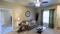 This single-floor space features a living room with a welcoming and comfortable ambiance. The room is finished with wall-to-wall carpeting and painted in warm, neutral tones that create a relaxed atmosphere. A ceiling fan with an integrated light fixture serves as a functional centerpiece overhead, providing both airflow and illumination. Natural light filters into the space through a window dressed with layered green curtains and sheer panels, adding a touch of color contrast against the soft beige walls. The living area accommodates a plush loveseat adorned with decorative striped and solid throw pillows, complemented by a glass-top coffee table with a distinctive geometric base. A matching glass side table holds a traditional table lamp, adding warm accent lighting. Decorative touches include a circular ornamental wall piece and a tall arrangement of dried grass stems, lending the room a curated, stylish feel. The overall layout is efficiently arranged, making the space feel inviting and well-organized despite its modest footprint.