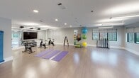 This single-floor fitness studio is thoughtfully designed to accommodate a wide range of exercise disciplines and group classes. The space is defined by light-toned hardwood-style flooring that runs throughout, creating a clean, cohesive aesthetic that is both functional and inviting.

The open exercise floor offers generous room for yoga, stretching, and floor-based workouts, complemented by purple yoga mats and a large floor-to-ceiling mirror wall that amplifies the sense of space and aids in form correction. Natural light filters in through multiple windows along the perimeter, keeping the environment bright and energizing.

A dedicated cycling area features a row of stationary spin bikes arranged facing a large flat-screen display, supported by a built-in sound system mounted near the ceiling — ideal for instructor-led or virtual cycling sessions. Roller blinds on the windows allow for flexible light control during classes.

Equipment storage is neatly integrated into the space, with hexagonal wall-mounted dumbbell racks, a vertical rack of medicine balls and resistance bands in varying sizes, and additional fitness accessories stored along the walls. Folding chairs are also on hand for multipurpose use.

Overhead fluorescent and recessed lighting ensures consistent, well-distributed illumination throughout all areas of the studio. The overall ambiance is modern, clean, and purpose-built for an active and health-focused lifestyle.
