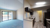 Located at 3152 Mill Creek Dr in Kalamazoo, Michigan, this single-floor residence offers a well-organized layout designed for comfortable everyday living. The galley-style kitchen is outfitted with dark espresso cabinetry, light countertops, a stainless steel double-basin sink, and a full suite of appliances including a refrigerator, electric range, dishwasher, and built-in microwave. Wood-look vinyl flooring runs throughout the kitchen and main hallway areas, lending a clean, durable finish. A pass-through window connects the kitchen to the adjacent living space, enhancing the open feel between rooms. The living area features plush blue carpet, vaulted ceilings, and a sliding glass door that opens onto a private balcony with outdoor views. A pendant chandelier illuminates the transition space between the living and dining areas. The bedrooms are carpeted and bathed in natural light from multiple windows fitted with blinds. Each bedroom includes its own closet, with at least one featuring a walk-in configuration with built-in shelving. The full bathroom includes a dark-cabineted vanity with a stone-finish countertop, a framed mirror with vanity lighting, and a full tub-shower combination with wood-look vinyl flooring completing the space.