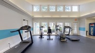 Located at 150 Arbors Cir in Gahanna, Ohio, this well-equipped fitness center offers a bright and functional environment designed to support a comprehensive workout routine. The space is characterized by soaring ceilings in the cardio zone, where a row of large transom windows and full-length glass doors flood the room with natural light and provide open views of the surrounding greenery. A distinctive teal accent stripe runs along the perimeter walls, lending the space a clean, modern aesthetic against the predominantly white interior. The durable rubber flooring throughout provides excellent support and traction for a variety of exercises. The cardio area is outfitted with multiple treadmills, elliptical trainers, and stationary bikes, all positioned to take advantage of the natural light and outdoor views. A separate strength training zone features a cable machine, adjustable bench, and wall-mounted accessories, with floor-to-ceiling mirrors that visually expand the space and allow for proper form checking during workouts. Recessed and flush-mounted lighting ensures the facility is well-lit throughout. A hallway connects to additional amenities, and a beverage vending machine is conveniently accessible near the entrance. The overall ambiance is clean, energizing, and well-maintained, making it an inviting space for daily fitness.