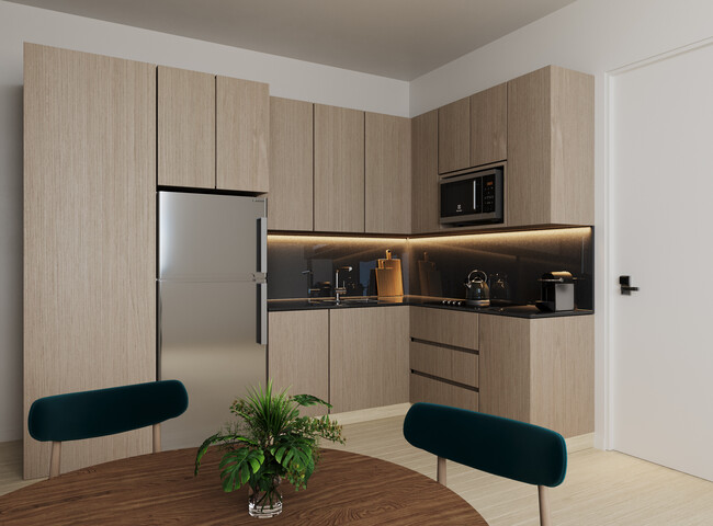 Render of shared kitchen and dining room - Saffron Apartments