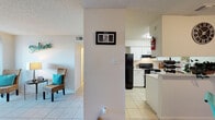 Located at 7220 Marbach Rd in San Antonio, Texas, this single-floor unit offers a practical and comfortable layout across several well-defined living spaces. The living room is bright and welcoming, featuring light tile flooring, a textured ceiling, and a large sliding glass door dressed with vertical blinds that allows natural light to fill the room. A side window with horizontal blinds adds to the airy feel of the space. The kitchen is efficiently designed with white cabinetry, light countertops, and black appliances including a full-size refrigerator, electric range with overhead ventilation, and ample cabinet storage. Tile flooring continues seamlessly from the living area into the kitchen. The unit includes two bedrooms, each with tile flooring, textured ceilings, and windows with blinds for natural light and privacy. The primary bedroom features an open closet with shelving, while the secondary bedroom includes space for a small desk or seating area. The full bathroom is equipped with a tub-shower combination, a vanity with under-sink storage, and tile surrounds. Throughout the unit, the neutral color palette and consistent tile flooring create a cohesive and easy-to-maintain living environment.