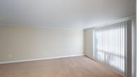 This two-floor property offers a clean, neutral aesthetic throughout its living spaces. The main living area, pictured here, showcases wall-to-wall beige carpeting that adds warmth and comfort underfoot. Smooth white ceilings pair with cream-toned walls to create a bright, airy atmosphere. A large floor-to-ceiling window dressed with vertical blinds allows generous amounts of natural light to fill the room, contributing to an open and welcoming ambiance. The clean white baseboards provide a crisp contrast against the soft carpeting, enhancing the room's polished look. The generous proportions of the living space offer ample flexibility for various furniture arrangements and uses. With two floors, the property provides well-distributed living space, allowing for clear separation between communal and private areas. The overall design prioritizes simplicity and functionality, making it a versatile space adaptable to a variety of personal styles and needs. The neutral color palette throughout provides an ideal canvas for customization.