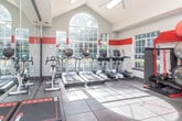 The Timothy Woods fitness center in Athens, GA is a well-appointed, single-floor exercise facility designed to support a comprehensive workout experience. The space is defined by its striking vaulted ceilings, which lend an airy, open feel, and are complemented by skylights that invite natural light to pour in throughout the day. A bold red accent stripe runs along the upper walls, adding a dynamic visual element consistent with the community's branding.

Large, multi-pane windows line the walls, offering views of the outdoor pool area and surrounding greenery, creating an energizing atmosphere for workouts. A grand arched window serves as a dramatic focal point, further enhancing the brightness of the space. Entry is provided through double glass doors that connect the interior to the outdoor amenity area.

The fitness center is equipped with a broad selection of cardio machines, including treadmills, ellipticals, stationary bikes, and a stair climber. A functional training station offers resistance bands, foam rollers, medicine balls, and plyo boxes for strength and conditioning work. Full-length mirrors along one wall visually expand the space and assist with form during exercise.

Durable rubber and tile flooring covers the entire floor, providing both safety and practicality. A ceiling fan ensures comfortable air circulation, rounding out this thoughtfully designed community fitness facility.